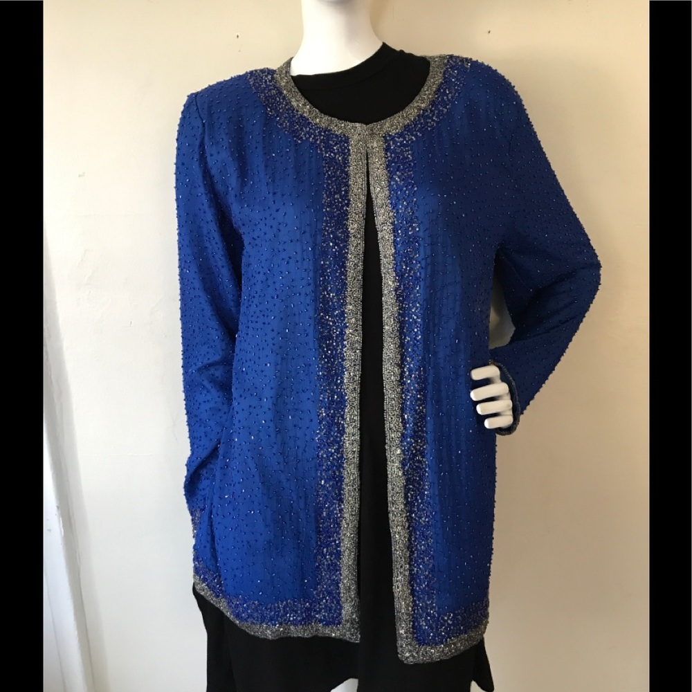 Vintage Blue Beaded Silk Jacket